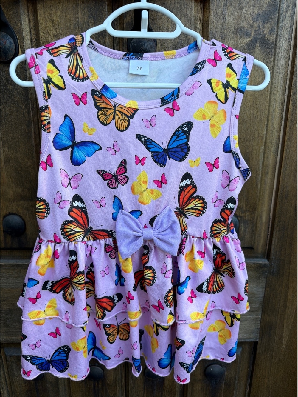 Girls' Butterfly Print Sleeveless Dress with Bow Accent, Size 7Y